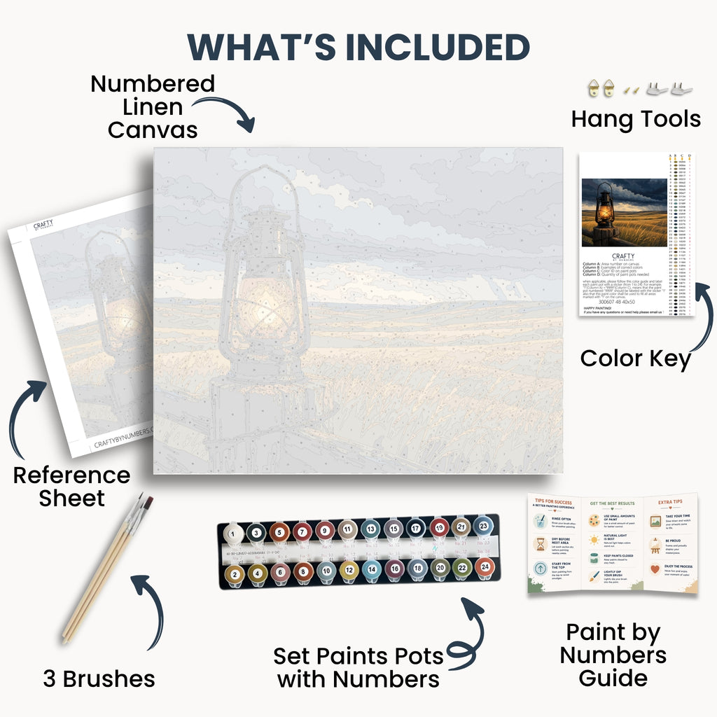 Storm Lantern kit contents with numbered canvas, paints, brushes and guide