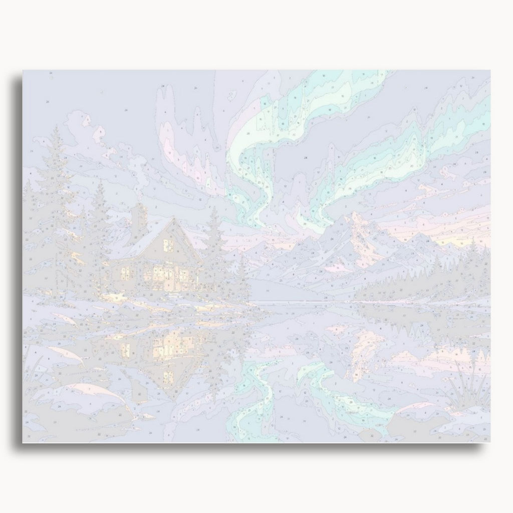 Numbered canvas preview for the Aurora Cabin paint by numbers kit