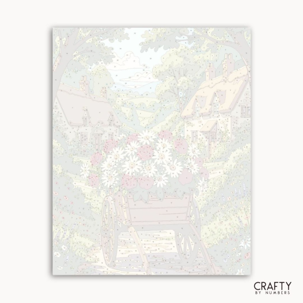 Numbered canvas preview for the Cottage Blossom Cart paint by numbers kit