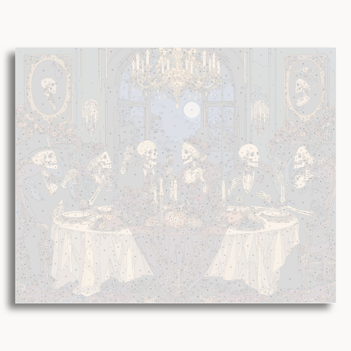 Numbered canvas preview for the Skeleton Supper paint by numbers kit
