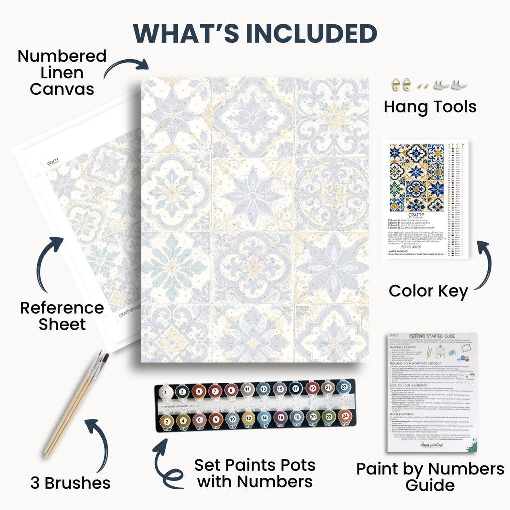 Mosaic Tiles kit contents with numbered canvas, paints, brushes and guide