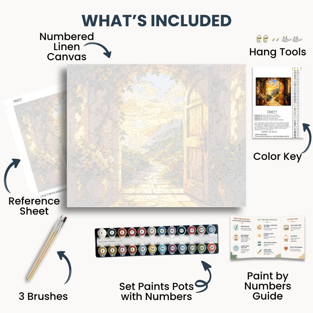 Sunlit Garden kit contents with numbered canvas, paints, brushes and guide