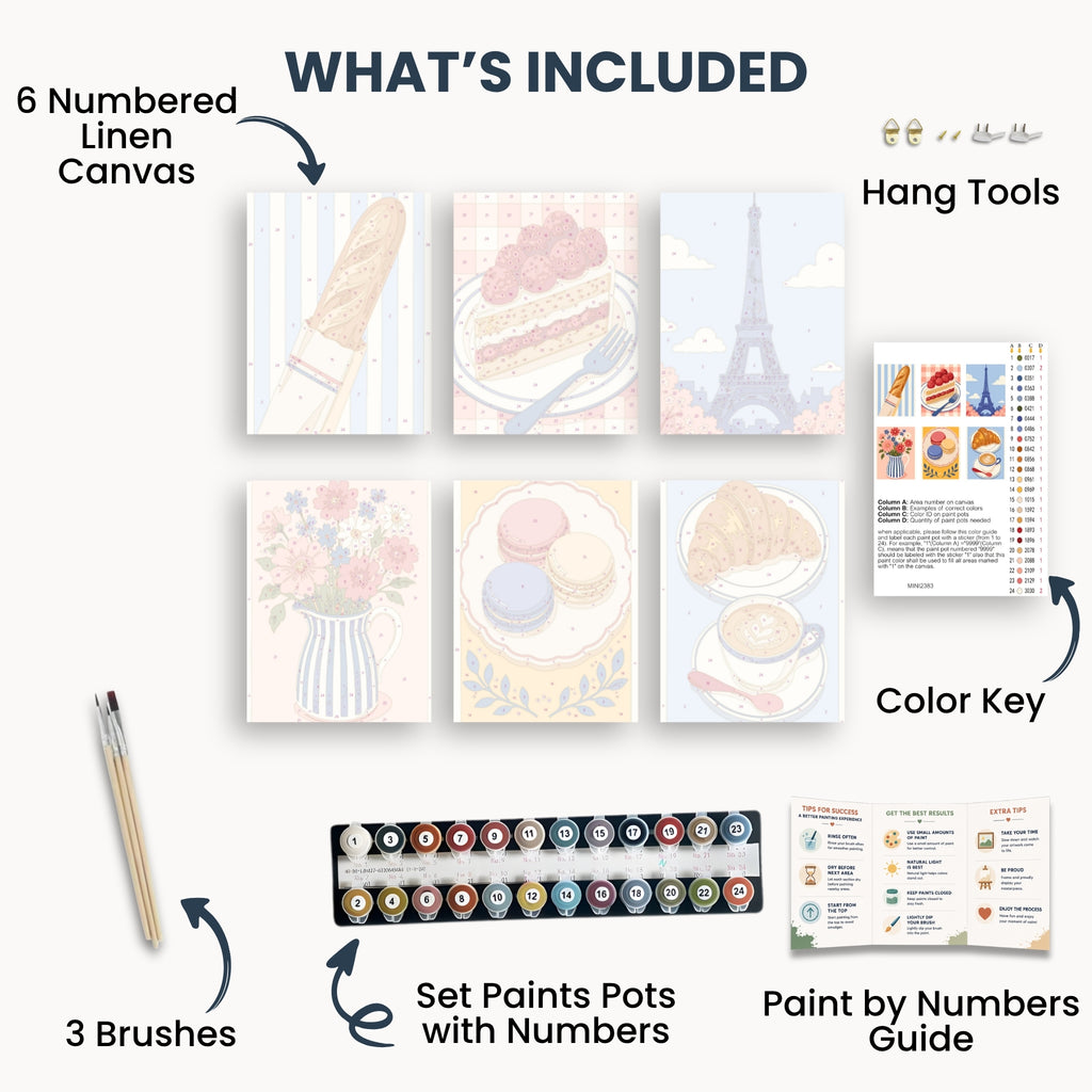 Paris Treats mini kit contents with six canvases, paints, brushes and guide