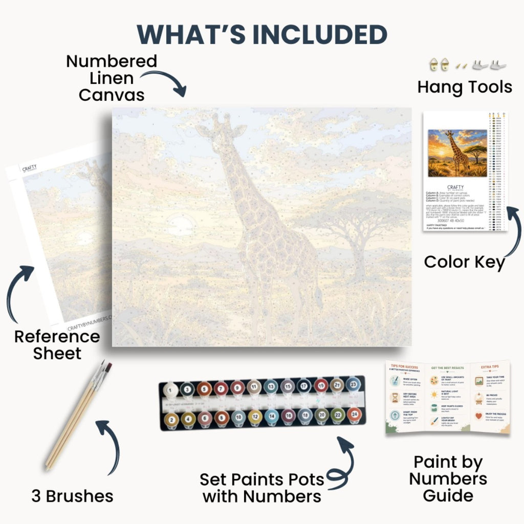 Contenido del kit Savanna Giraffe con lienzo numerado, pinturas, pinceles y guía.