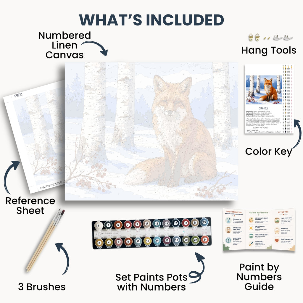 Contenido del kit Winter Fox con lienzos numerados, pinturas, pinceles y guía.