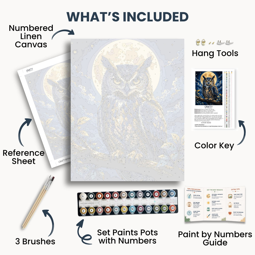 Moonlit Owl kit contents with numbered canvas, paints, brushes and guide