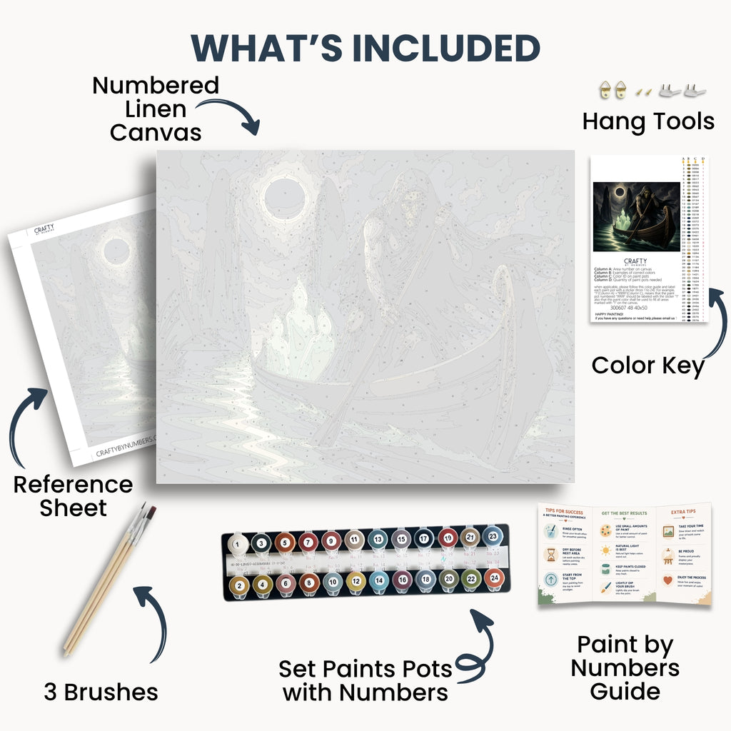 Ferryman Of The Souls kit contents with numbered canvas, paints, brushes and guide