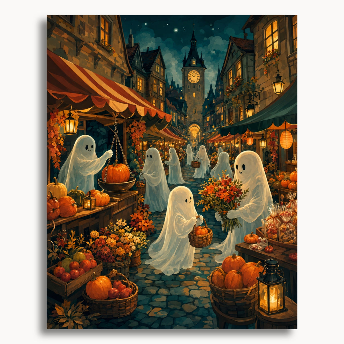 Ghosts at the Pumpkin Market paint by numbers artwork on canvas