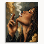 Lips of Vice: a woman in profile holding a cigarette as pale smoke curls against a dark background.