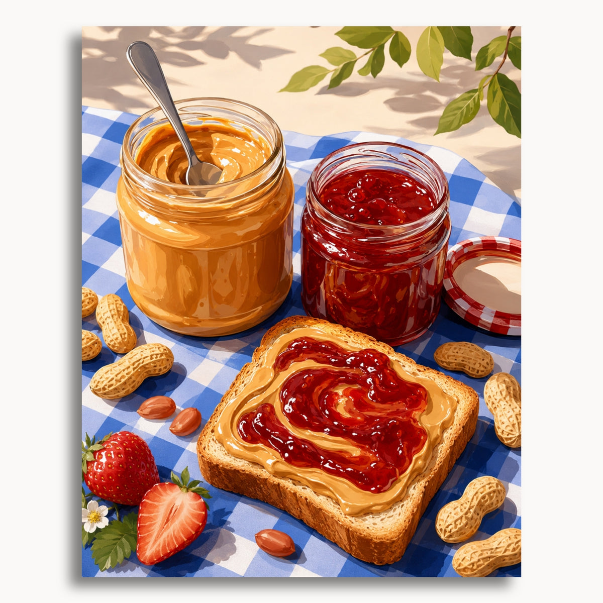 Peanut Butter & Jelly Toast: peanut butter and jam toast beside jars, strawberries and peanuts on a checked cloth.