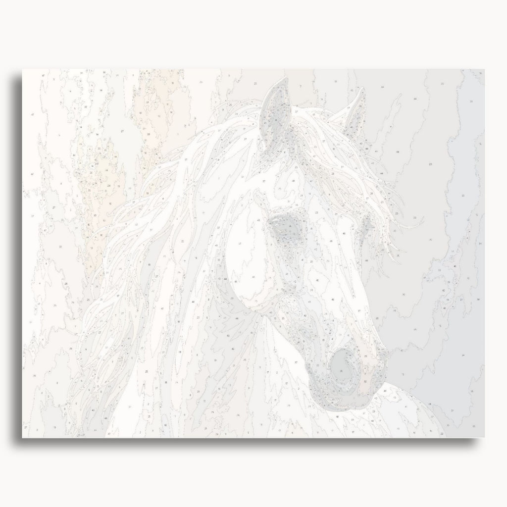 Numbered canvas preview for the White Stallion paint by numbers kit