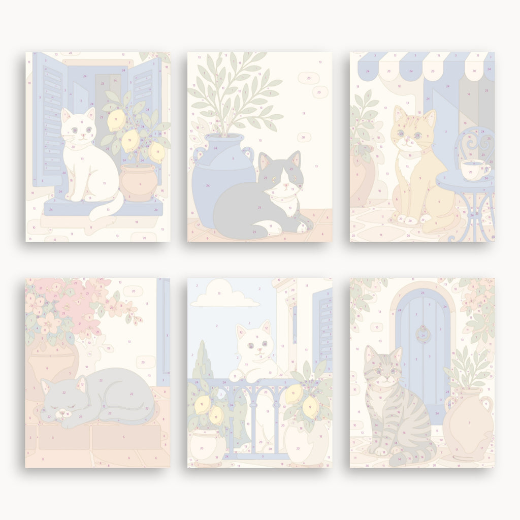 Numbered mini canvas previews for the Mediterranean Cats set
