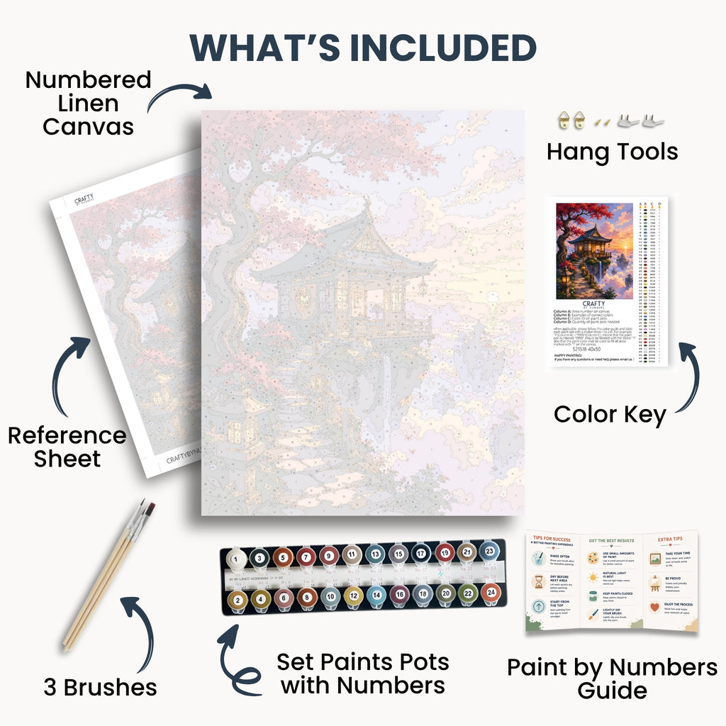 Sky Temple kit contents with numbered canvas, paints, brushes and guide