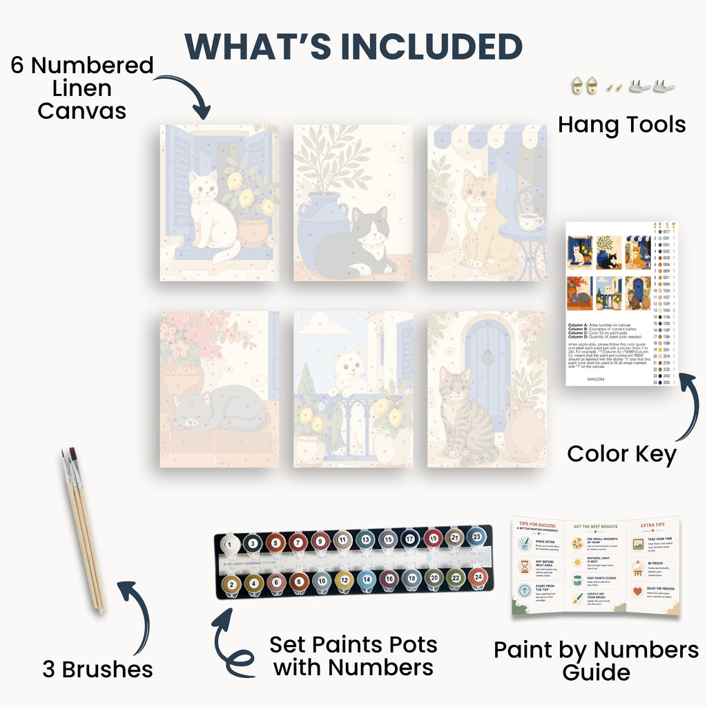 Mediterranean Cats mini kit contents with six canvases, paints, brushes and guide