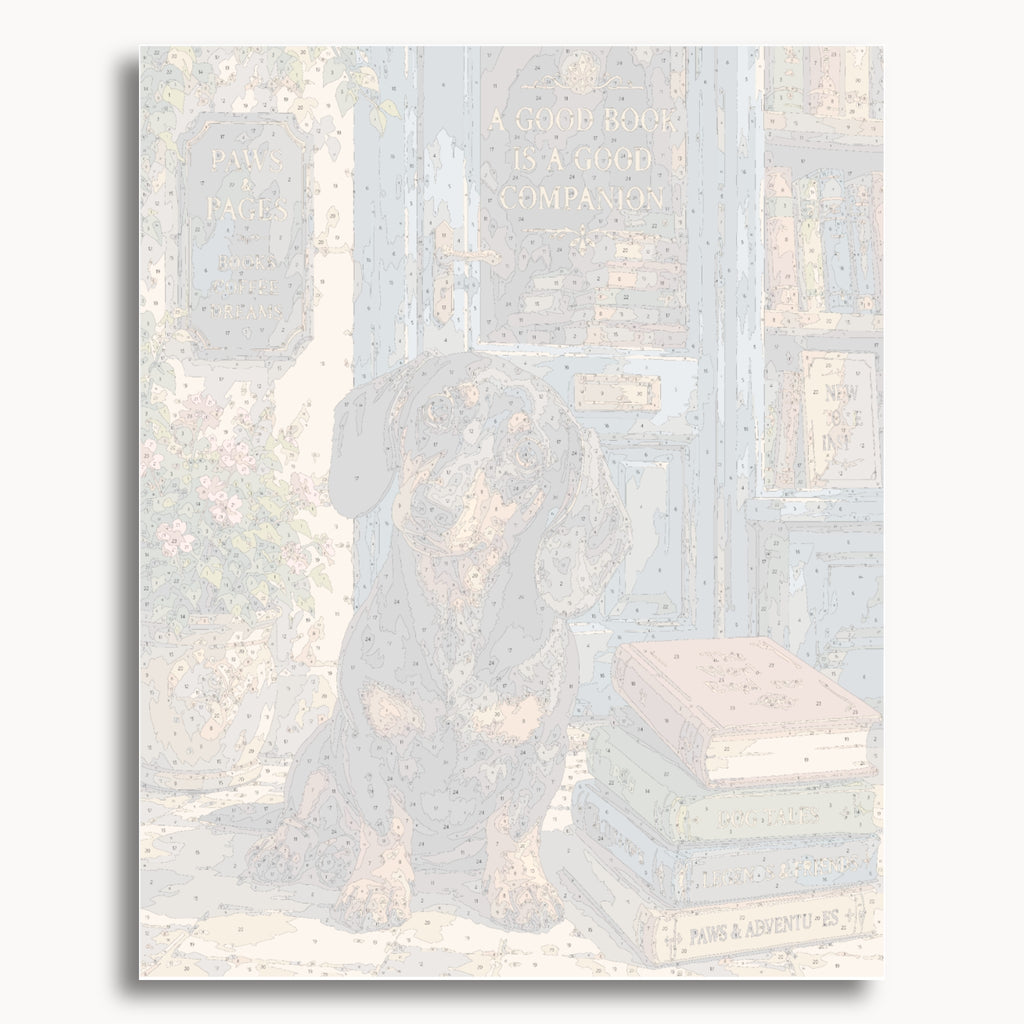 Numbered canvas preview for the Bookshop Dachshund paint by numbers kit