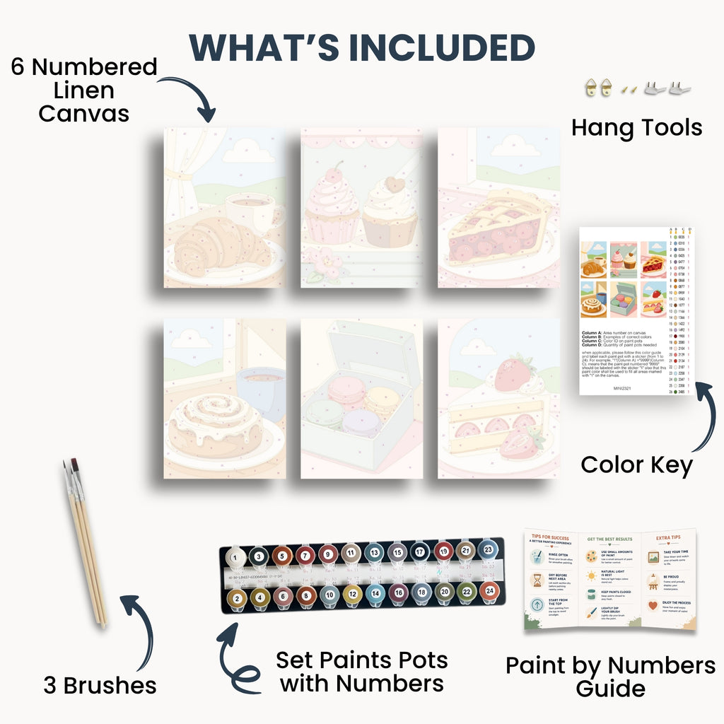 Sweet Treats mini kit contents with six canvases, paints, brushes and guide