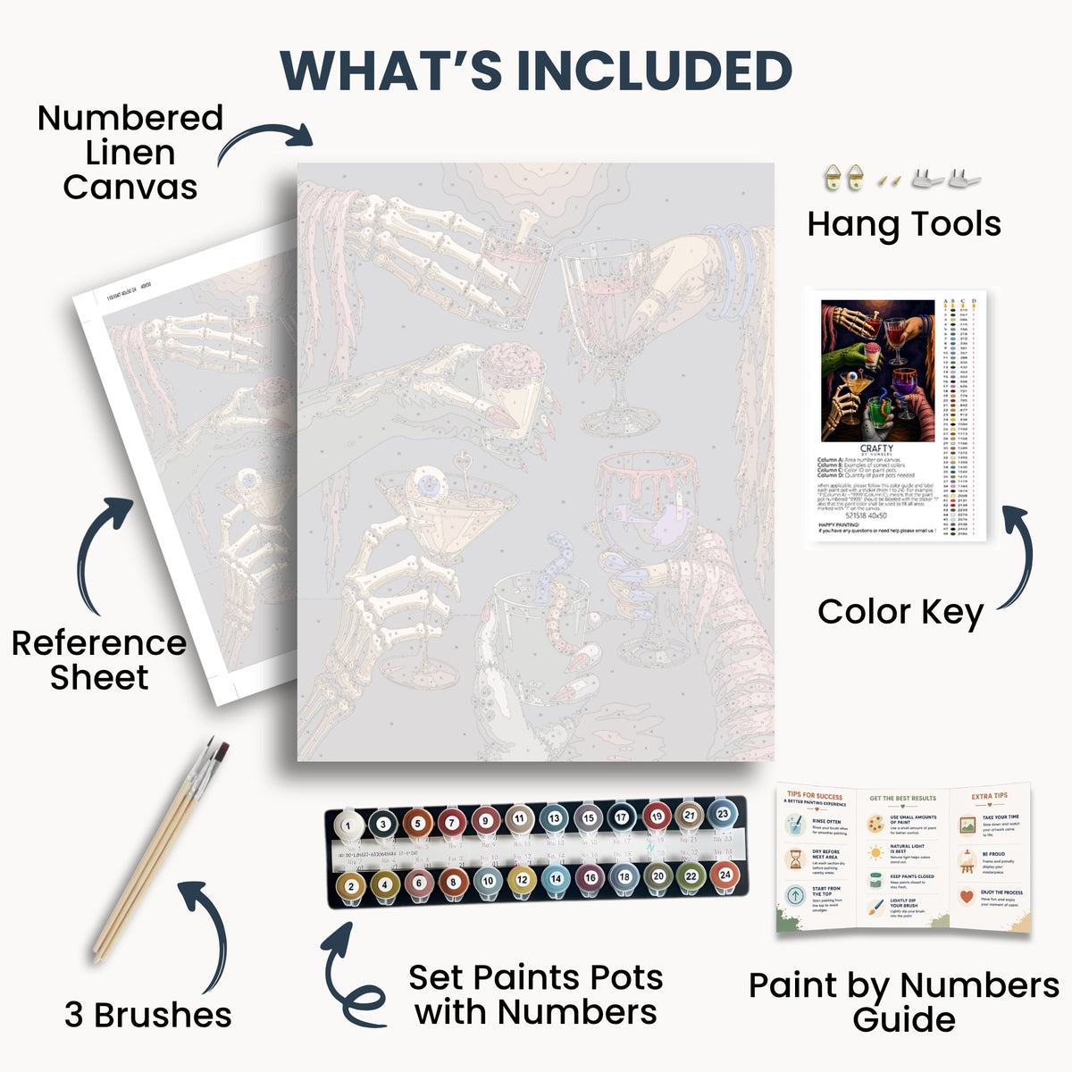 Toast From Beyond kit contents with numbered canvas, paints, brushes and guide