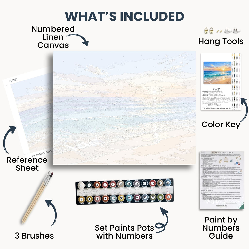 Ocean Sunset Waves kit contents with numbered canvas, paints, brushes and guide