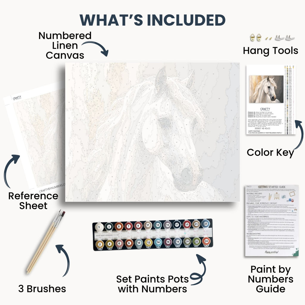 White Stallion kit contents with numbered canvas, paints, brushes and guide