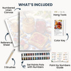 Peanut Butter & Jelly Toast kit contents: numbered canvas, paints, three brushes, reference sheet, color key, painting guide and hanging hardware.