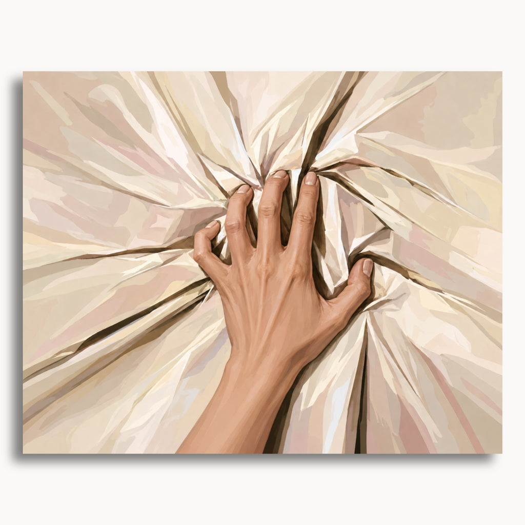 Grip of Desire: a hand gripping cream-colored bedsheets, drawing the fabric into deep folds.