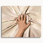 Grip of Desire: a hand gripping cream-colored bedsheets, drawing the fabric into deep folds.