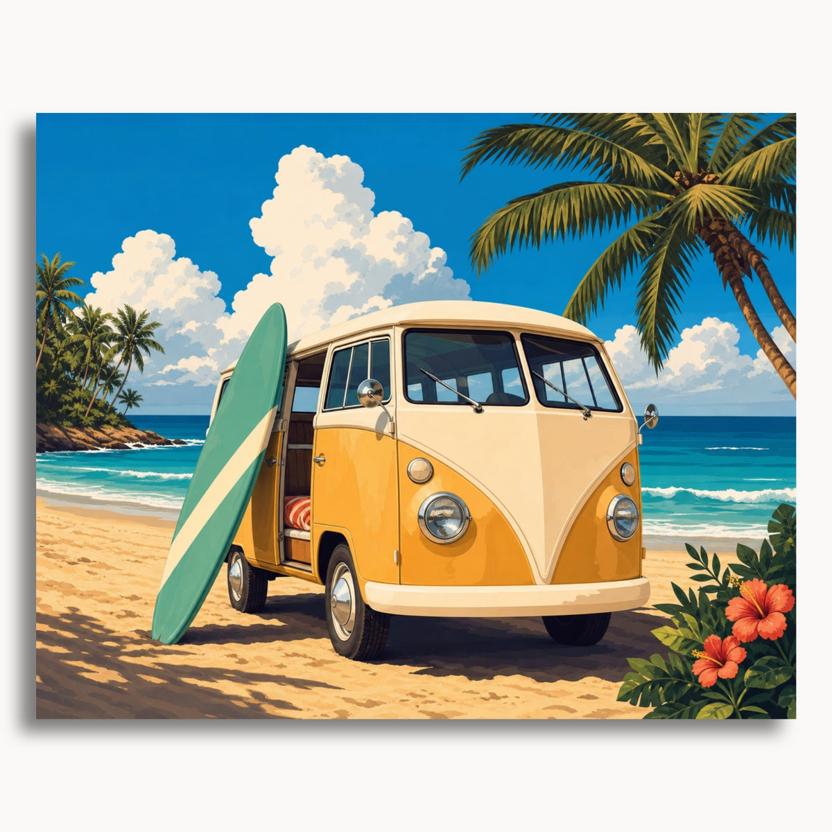 Beach Surf Van: a yellow camper van and green surfboard on a tropical beach beneath palm trees.