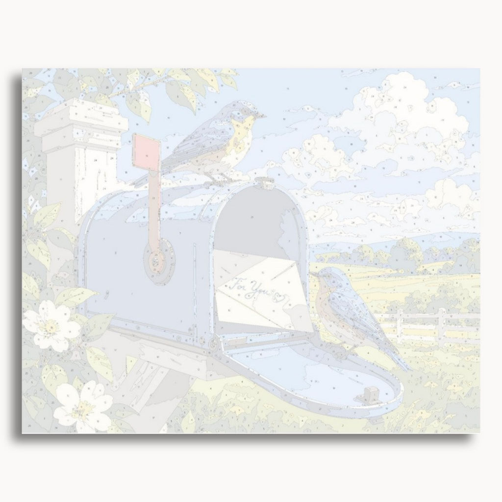 Numbered canvas preview for the Bluebird Mailbox paint by numbers kit