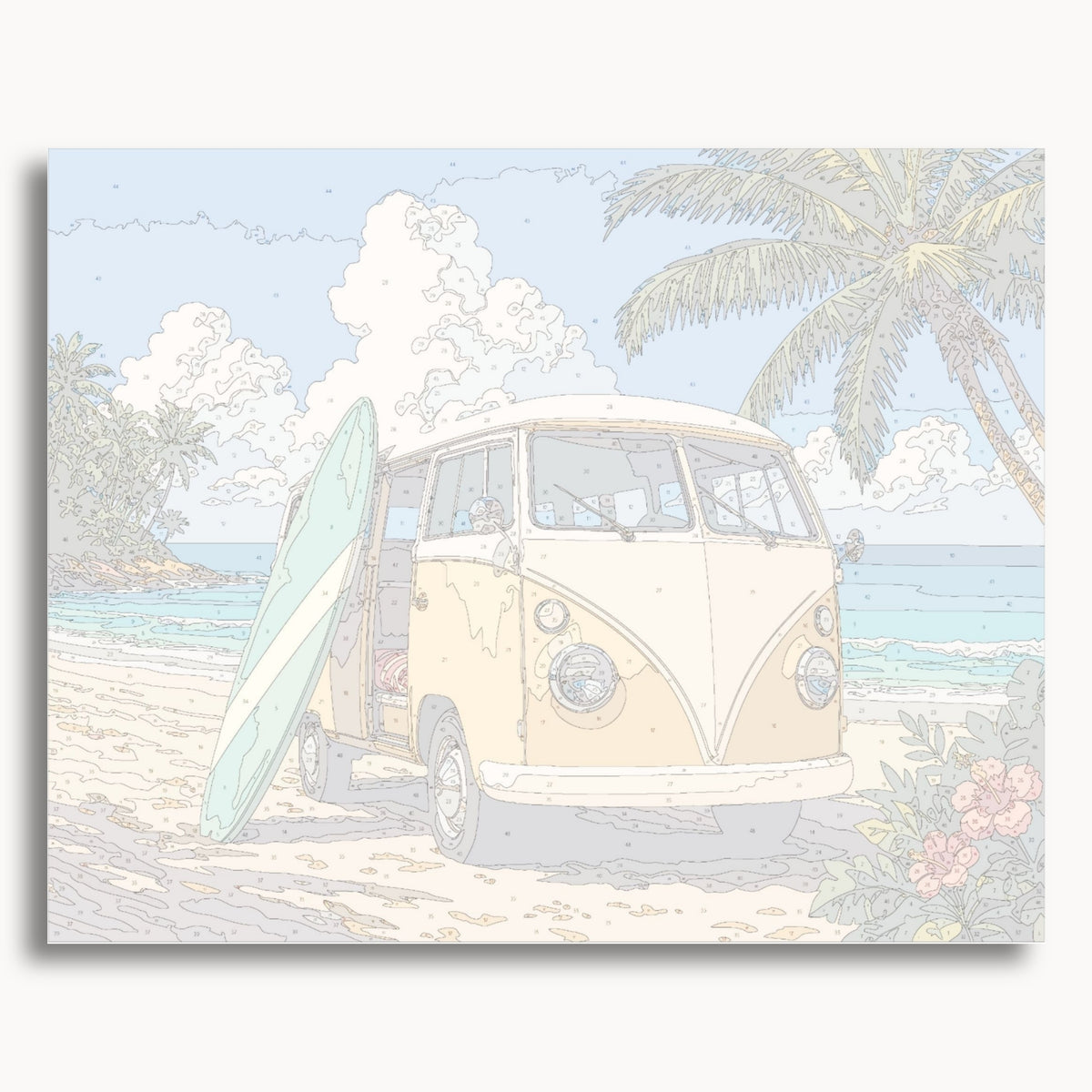 Numbered canvas preview for Beach Surf Van, showing outlined painting sections and color numbers.