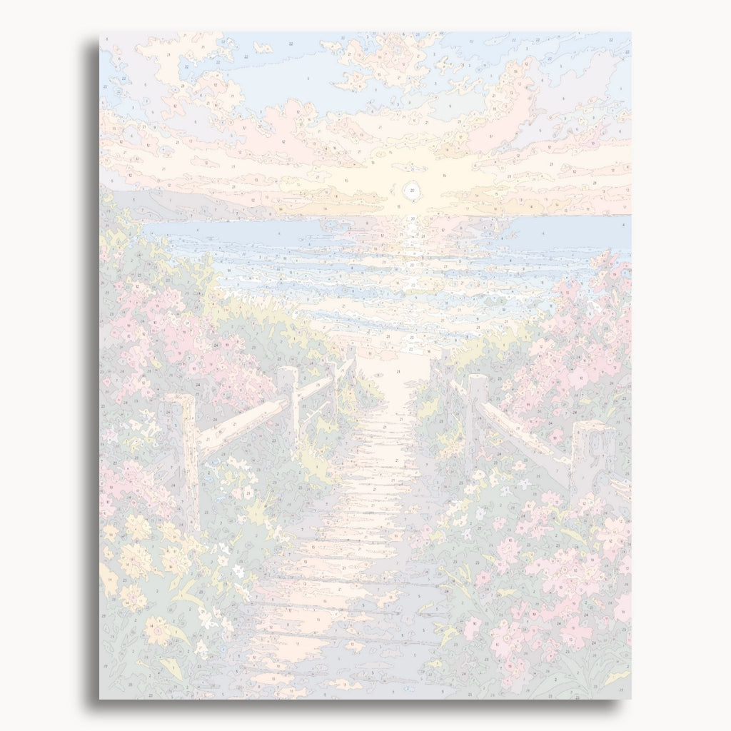 Numbered canvas preview for the Sunset Beach Path paint by numbers kit