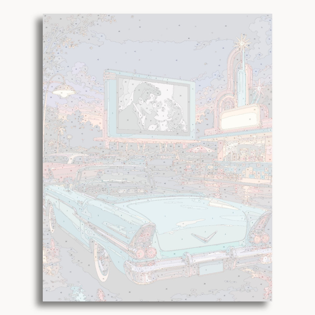 Numbered canvas preview for Retro Drive-In Theater, showing outlined painting sections and color numbers.