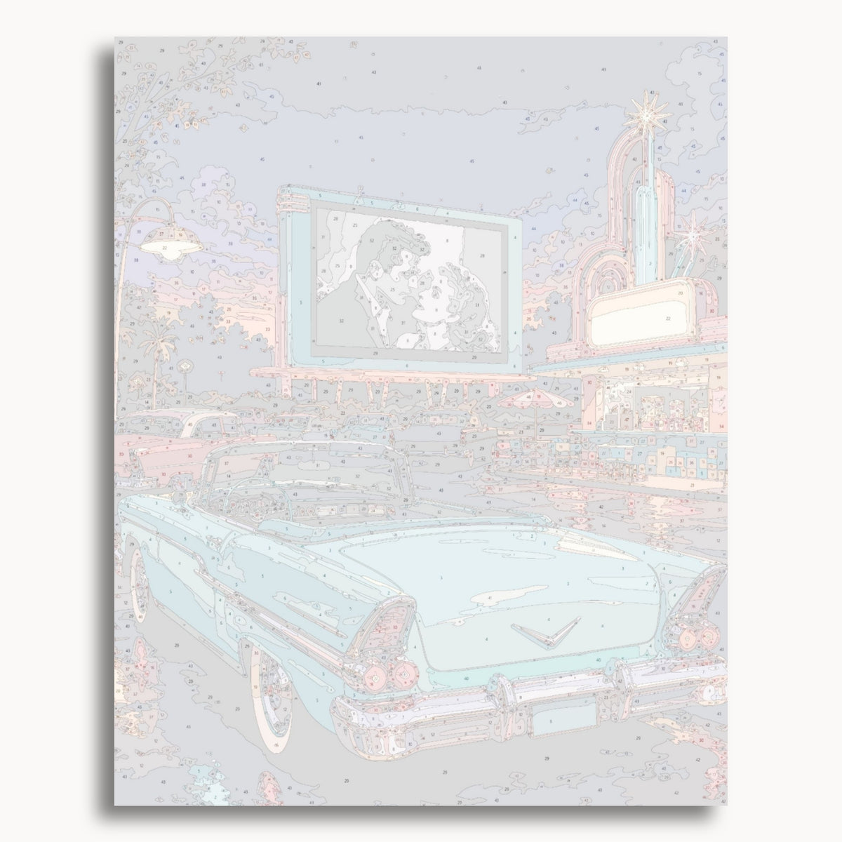 Numbered canvas preview for Retro Drive-In Theater, showing outlined painting sections and color numbers.