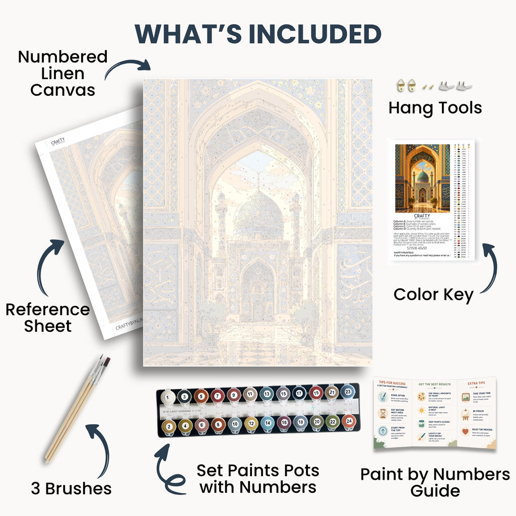 Blue Mosque kit contents with numbered canvas, paints, brushes and guide