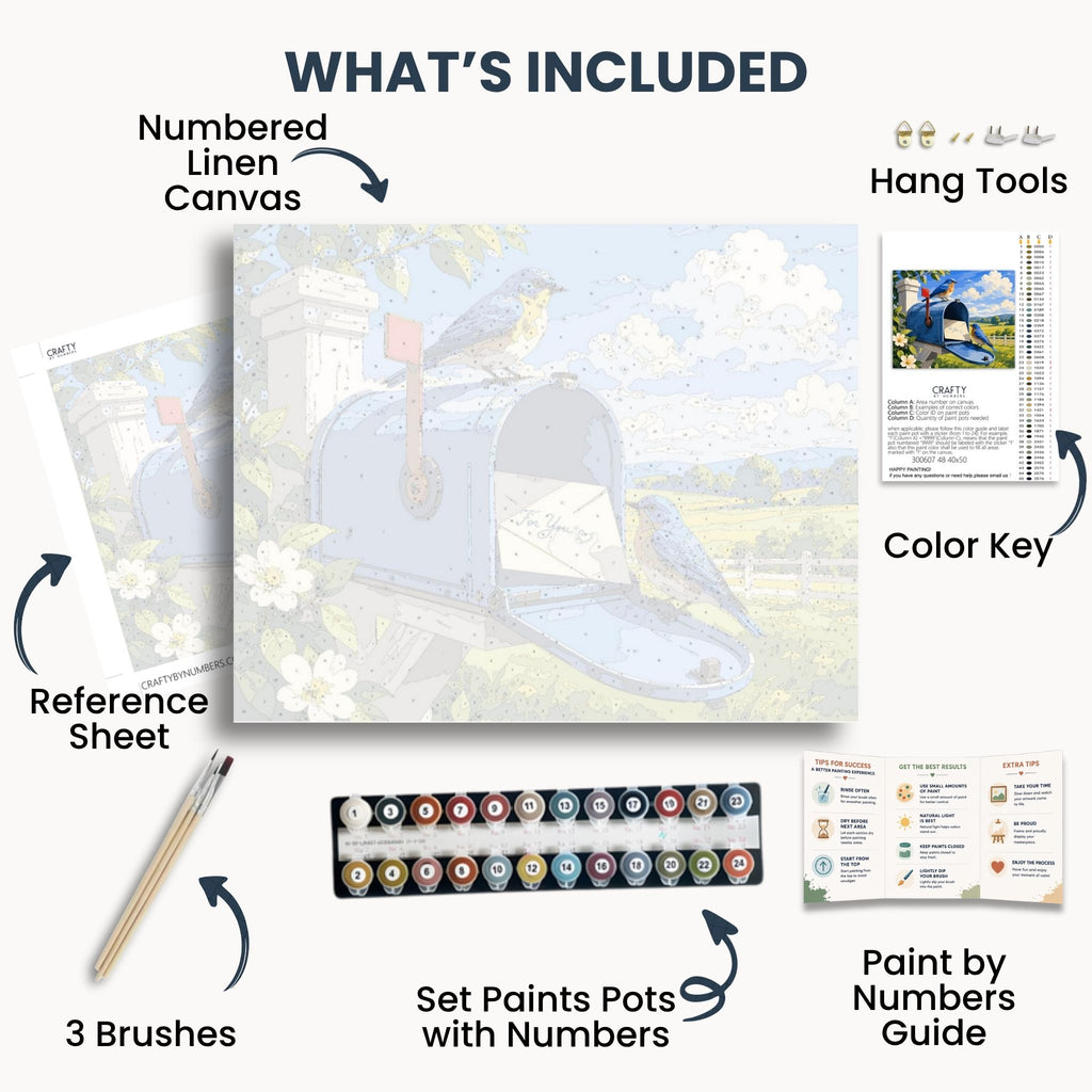 Bluebird Mailbox kit contents with numbered canvas, paints, brushes and guide