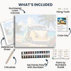Beach Surf Van kit contents: numbered canvas, paints, three brushes, reference sheet, color key, painting guide and hanging hardware.