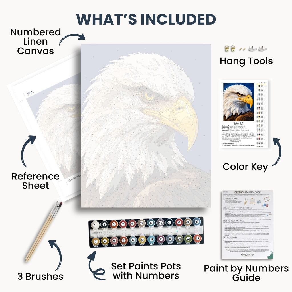 Bald Eagle Portrait kit contents with numbered canvas, paints, brushes and guide