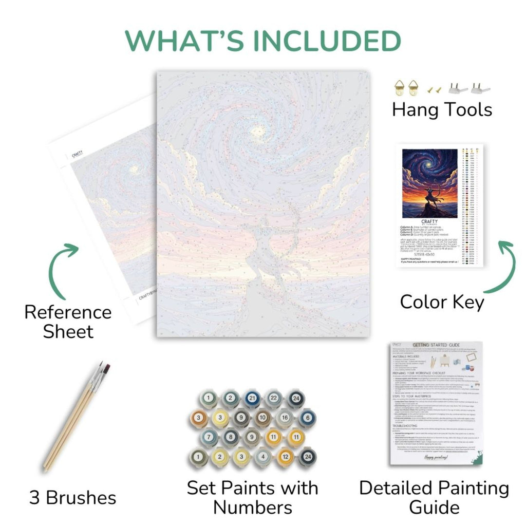 Sagittarius Starbound kit contents with numbered canvas, paints, brushes and guide
