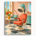 Retro Salon Chair: an orange salon chair beneath a hooded hair dryer in a pastel vintage interior.