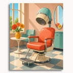 Retro Salon Chair: an orange salon chair beneath a hooded hair dryer in a pastel vintage interior.
