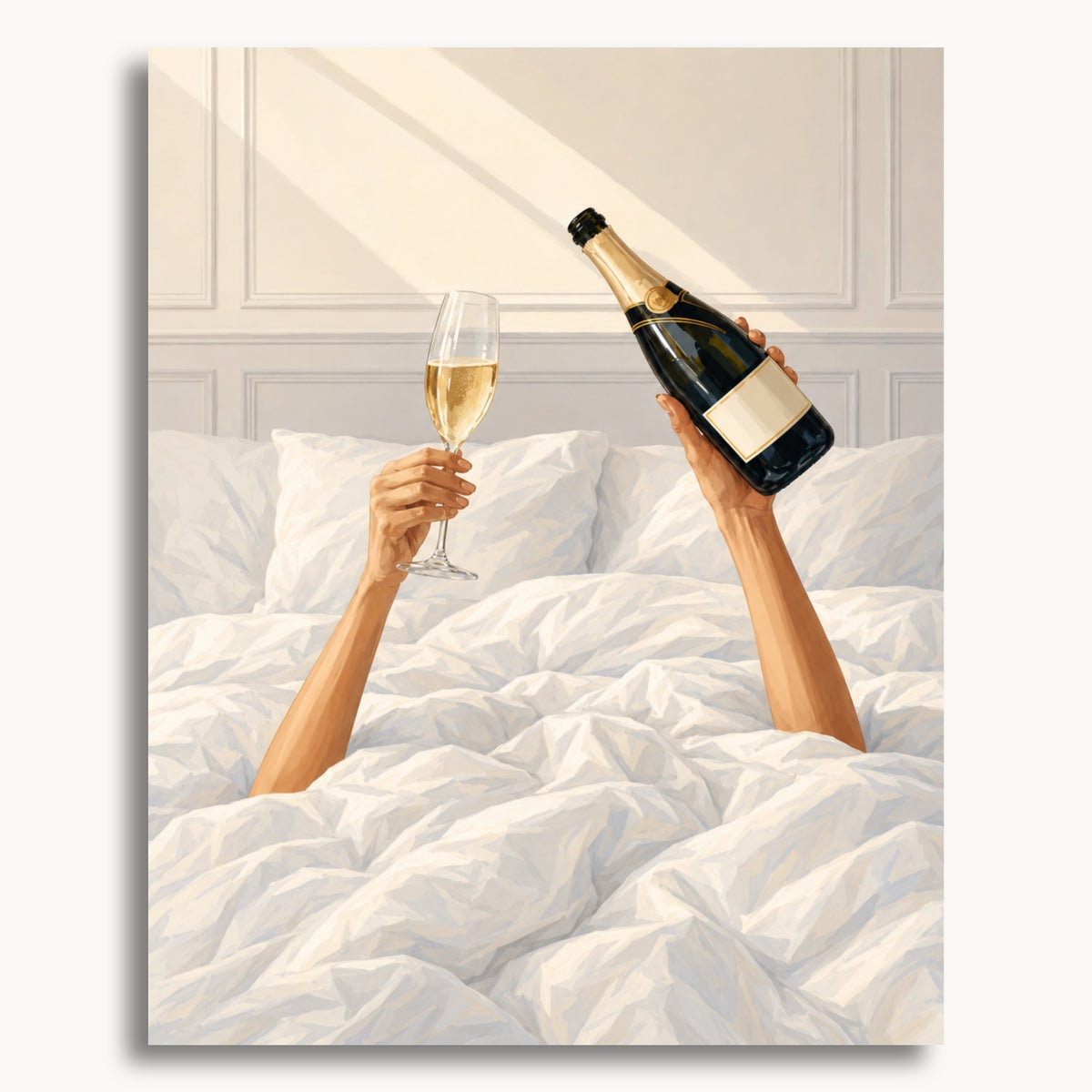 Champagne in Bed: two hands holding a champagne bottle and flute above rumpled white bedding.