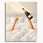 Champagne in Bed: two hands holding a champagne bottle and flute above rumpled white bedding.