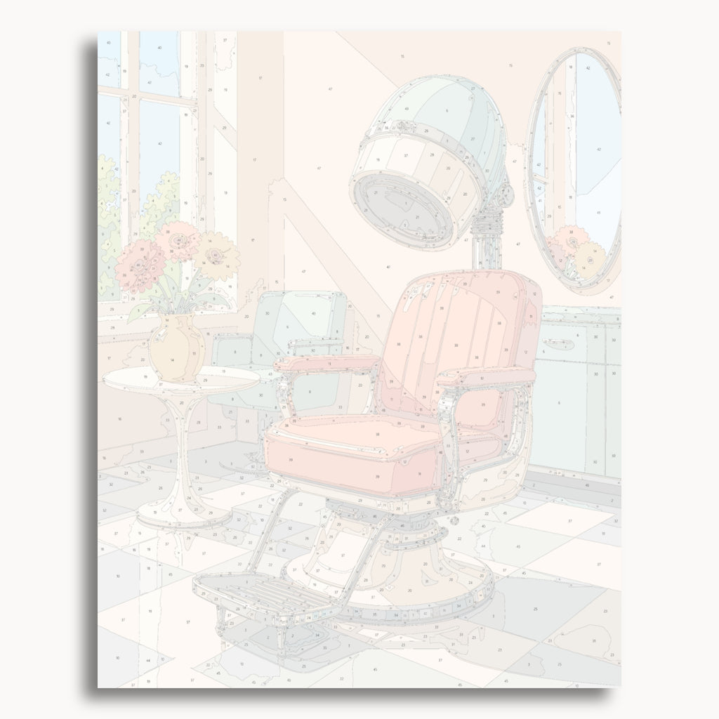 Numbered canvas preview for Retro Salon Chair, showing outlined painting sections and color numbers.