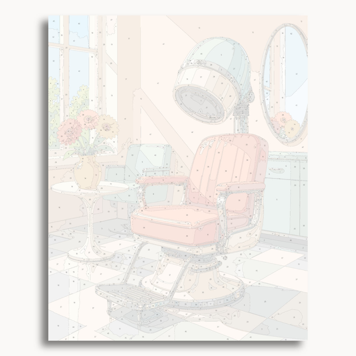 Numbered canvas preview for Retro Salon Chair, showing outlined painting sections and color numbers.