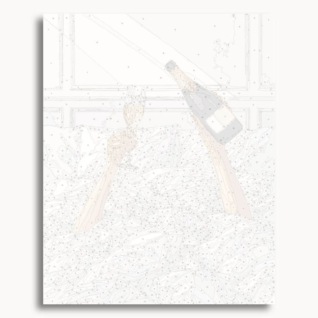 Numbered canvas preview for Champagne in Bed, showing outlined painting sections and color numbers.