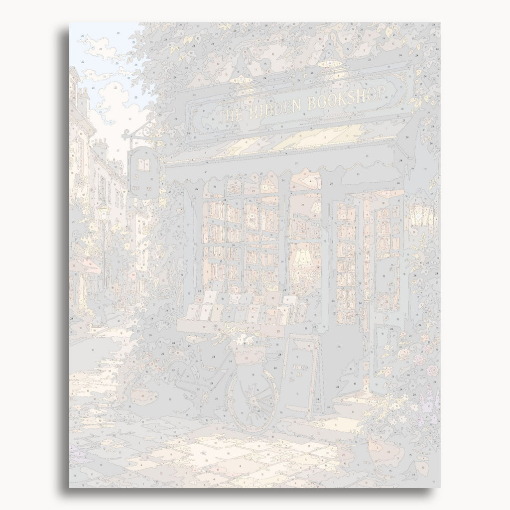 Numbered canvas preview for the Hidden Bookshop paint by numbers kit
