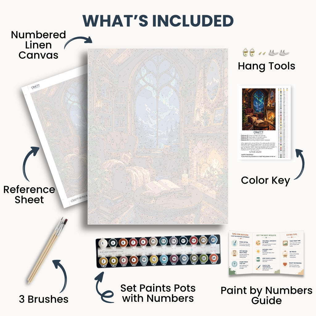 Aurora Library kit contents with numbered canvas, paints, brushes and guide