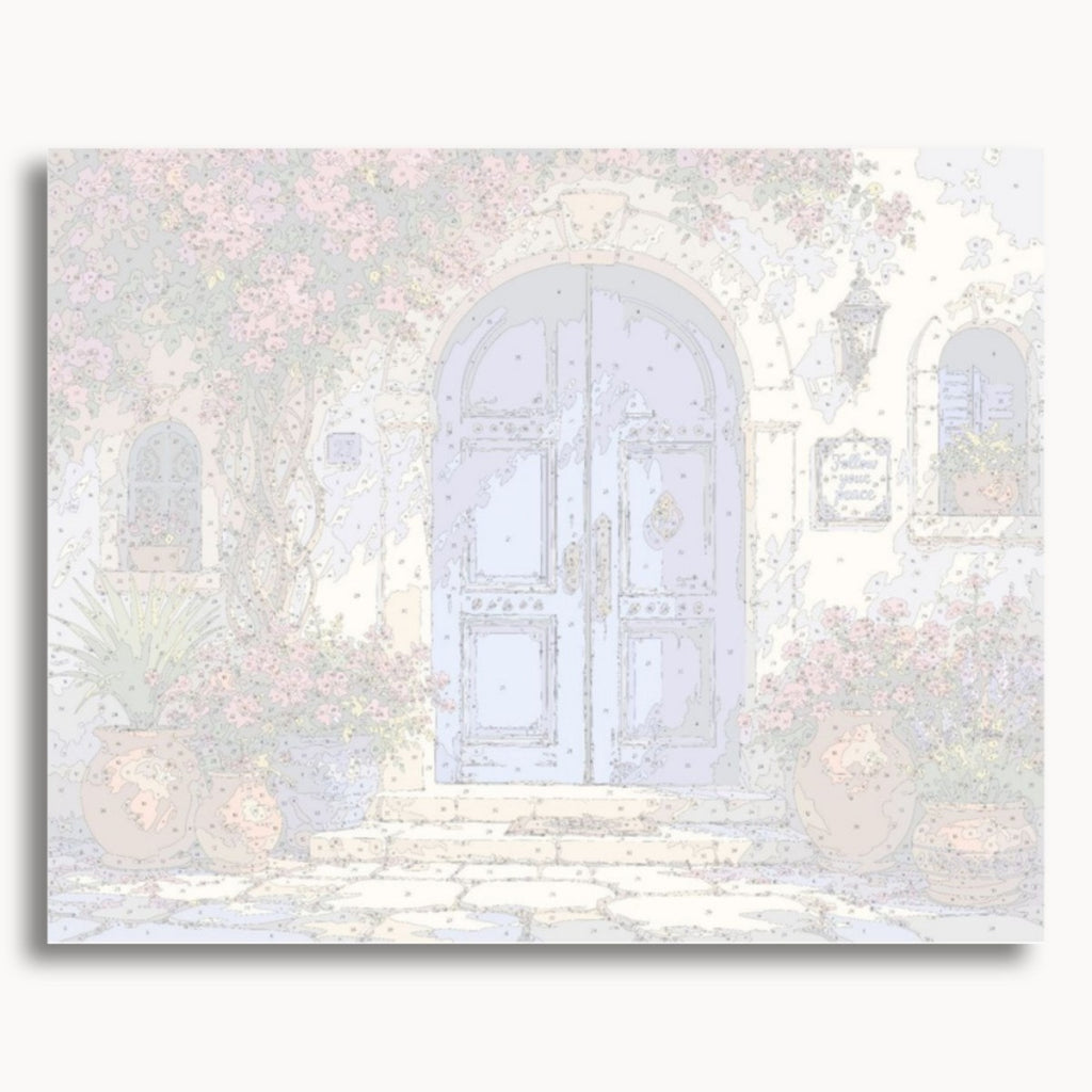 Numbered canvas preview for the Blue Garden Door paint by numbers kit