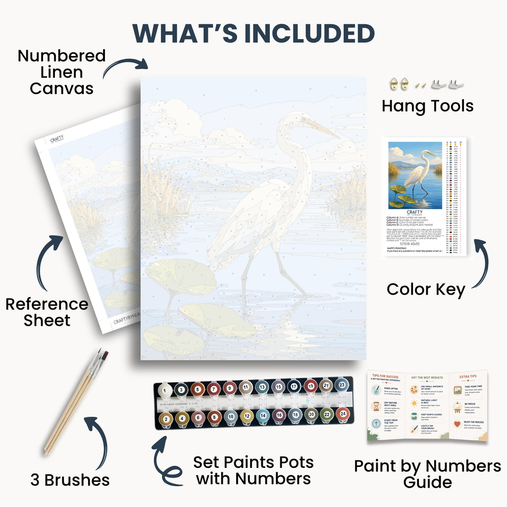 Contenido del kit White Egret con lienzo numerado, pinturas, pinceles y guía.