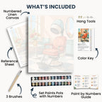 Retro Salon Chair kit contents: numbered canvas, paints, three brushes, reference sheet, color key, painting guide and hanging hardware.