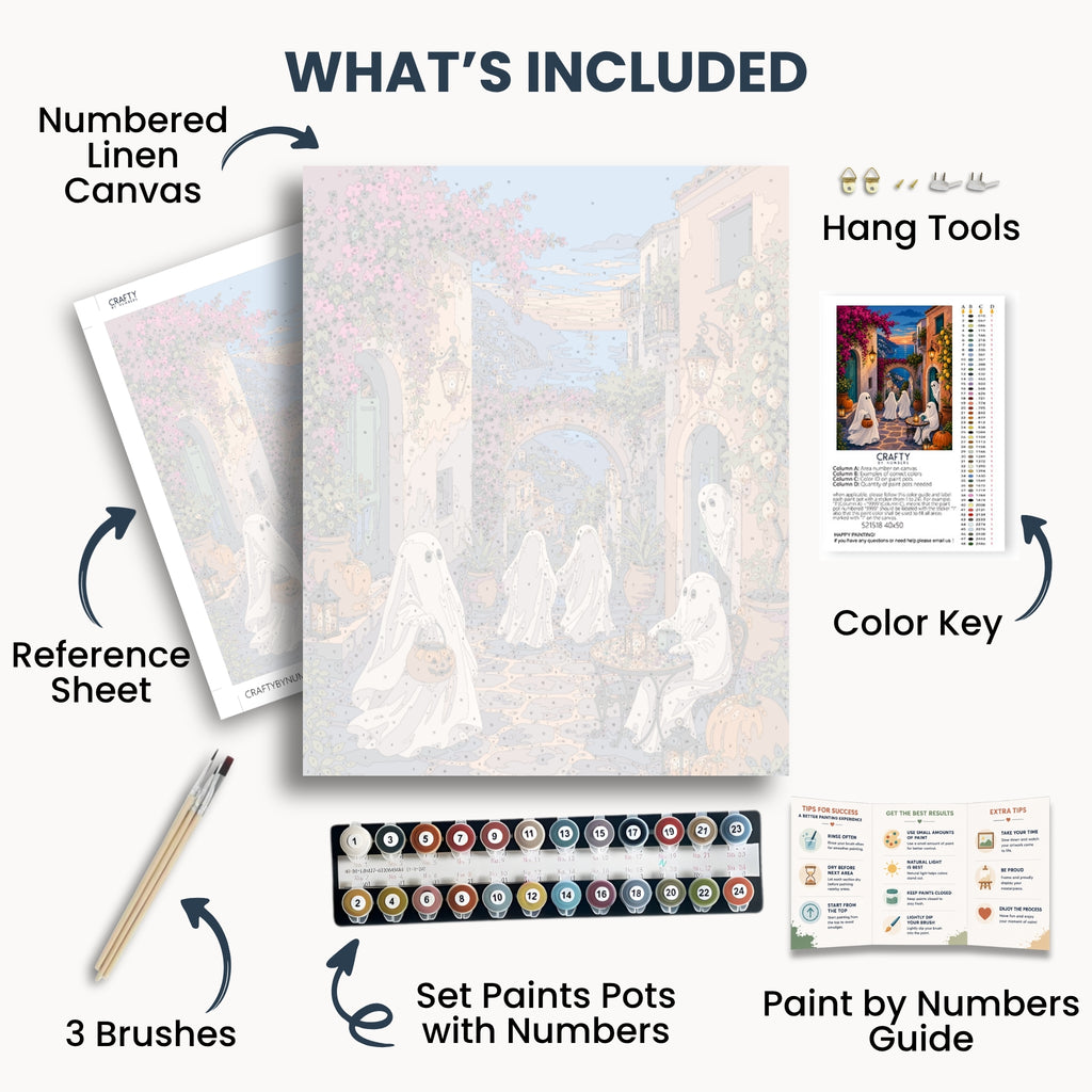 Amalfi Ghosts kit contents with numbered canvas, paints, brushes and guide